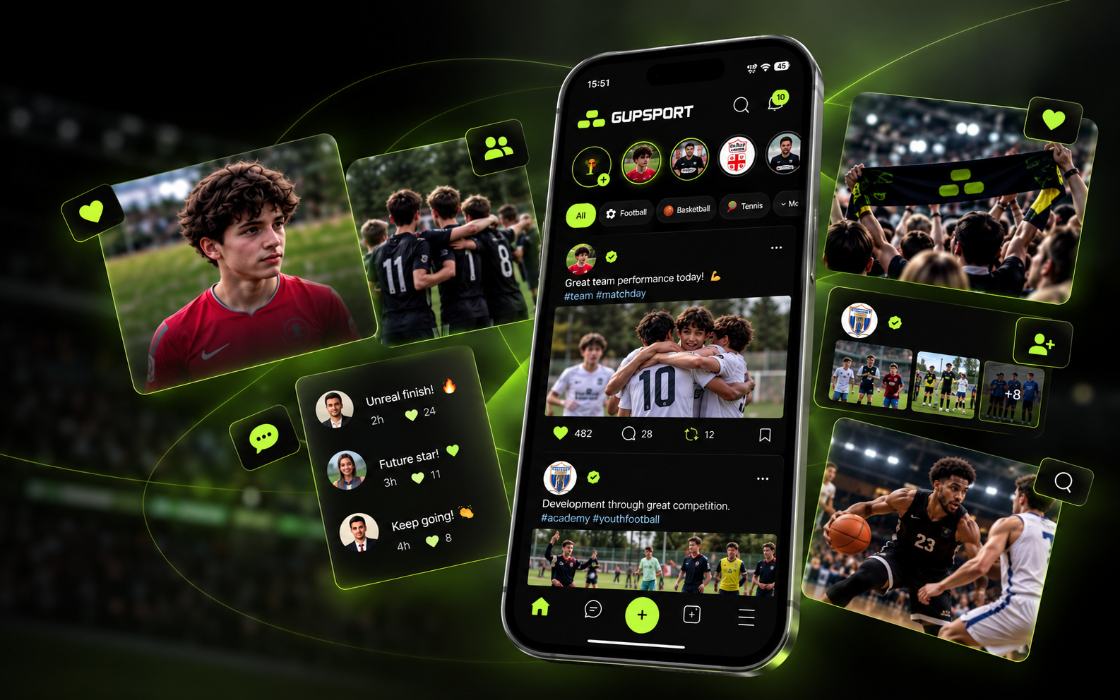 GUPSPORT community feed with athlete profiles, comments, academy posts and fans